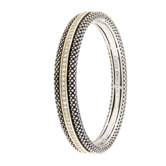 LAGOS DIAMOND 1.02 CTW 18K YELLOW GOLD & STERLING SILVER  HINGED BANGLE BRACELET - Picture 5 of 11